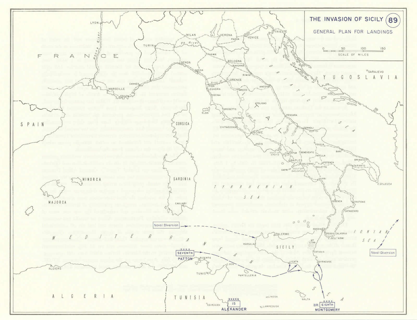World War 2. Invasion of Sicily 1943. General plan for landings 1959 old map